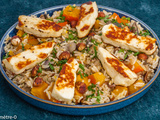 Poêlée de riz, potimarron, noisettes et halloumi