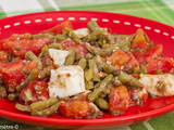 Salade de lentilles, haricots verts, tomates, œufs et fêta