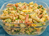 Salade de pâtes aux haricots blancs, courgettes et crevettes grises