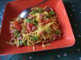 Tagliatelles aux fèves,jambons et tomates