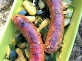 Saucisses fumées confites & courgettes sautées