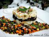 Salade de cabillaud aux lentilles Beluga et mirepoix de légumes