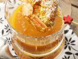 Verrine: potage Butternut, carotte et tomate et scampi au curry et coco