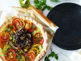 Tarte fine au Pistou, trois tomates et aubergine antigua grillée [ sans gluten – sans lactose ]