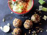 Boulettes au tempeh, houmous d’haricots blancs au poireau