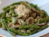 Orecchiette à la farine de chanvre, fèves, asperges vertes et fromage végétal pour un plat riche en protéines végétales