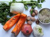 Salade de fenouil et de courge, noix, graines germées et grenade