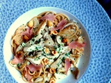 Spaghettis aux pleurotes à la crème, noisettes et jambon fumé