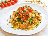 Roast Eggplant & Tomato Spaghetti w/ Rustic Pesto