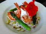 Risotto aux asperges vertes, gambas et Burrata