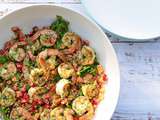 Crevettes aux herbes sur salade de fraise, de cantaloup et de millet