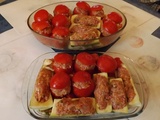 Tomates et courgettes farcies avec porc, volaille et chorizo, ça pique un peu et c’est bon