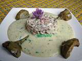 Rillette tiède de maquereau poché aux légumes et vin blanc, crème de p de terre, artichauts poivrade