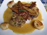 St jacques, champignons farcis aux crevettes et poireau, chips de poireau, sauce corail