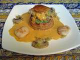 Vol au vent fait maison, st Jacques, fondue de poireaux, sauce corail