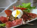 Salade de lentilles, oeuf poché et chips de jambon pata negra