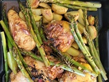 Poulet au miel et citron, pommes de terre Noirmoutier et asperges rôtiees