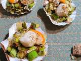 Coquilles Saint Jacques à l'huile de Truffe, Lit de Poireaux au beurre de Gingembre