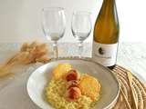 Risotto au safran, Saint-Jacques, chorizo et tuiles au fromage