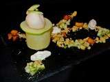 Cylindre de pomme, crue, tatin, en compote, sorbet pomme et chantilly