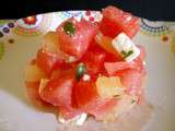 Salade de pastèque, tomates jaunes et feta