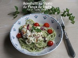 Spaghetti au pesto de fanes de radis, féta et tomates rôties