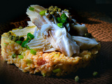 Effeuillée d'aile de raie, salade de lentilles corail et câpres de pâquerettes