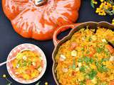 Riz gourmand aux légumes d'automne et au tofu mariné à l'ail et au gingembre