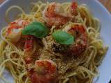 Spaghetti aux gambas, chapelure d'ail