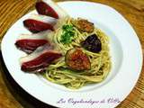 Spaghetti au foie gras, magret fumé et figues