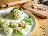 Joues de lotte à la crème de sarriette et roquette, riz au pesto de fânes de radis ou de persil