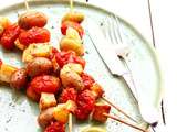 Brochettes de pommes de terre/tomate et halloumi