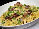 Pâtes tagliatelle aux champignons, échalotes et petits pois