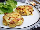 Pommes de terre  tapées  au fromage à raclette, lard fumé et oignons grillés