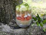 Verrine de tomates et courgettes au caviar d’aubergine et saumon fumé