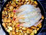 Poulet, ou chapon, contisé au beurre d’escargot, pommes de terre grenaille et… tartines de foie gras en option pour les gourmands