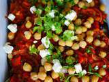 Aubergines frites aux pois chiches, feta et sauce tomate