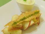 Tuiles (sans gluten) lemon curd, nectarines et sorbet basilic