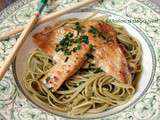 Filets de carrelet marinés au miso, nouilles soba au thé matcha