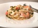 Linguine carbonara aux crevettes et petits pois