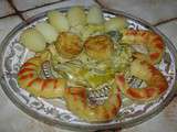 Faux gambas et coquilles st jacques en fondue de poireaux et pommes de terre tournées