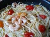 Linguine con gamberi e pomodorini ou en français Linguine aux crevettes et tomates cerises et petit plus