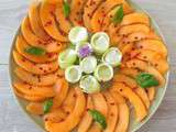 Carpaccio de melon et concombres aux baies roses (Melon and cucumber carpaccio with pink peppercorns)