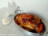 Poularde au miel et épices farcie au foie gras et ses légumes d'hiver (Fattened chicken with honey and spices and winter vegetables)