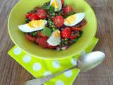 Salade de lentilles, tomates, petits pois et coriandre (Lentil salad, tomatoes, peas and coriander)