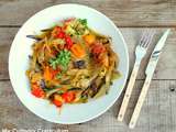 Tagliatelles d'aubergines, courgettes, tomates cerise au parmesan et basilic (Tagliatelle of eggplant, zucchini, cherry tomatoes with parmesan and basil)