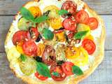 Tarte aux tomates multicolores, chèvre, pignons de pin et basilic (Multicolored tomato tart, goat cheese, pine nuts and basil