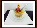 Verrine cupcake melon, avocat, pêches, tomates cerise, magret de canard fumé