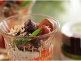 Verrine sardine, fromage frais, basilic poivrons confits et tapenade noire