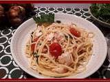 Filets de merlan, spaghettis, tomates cerise